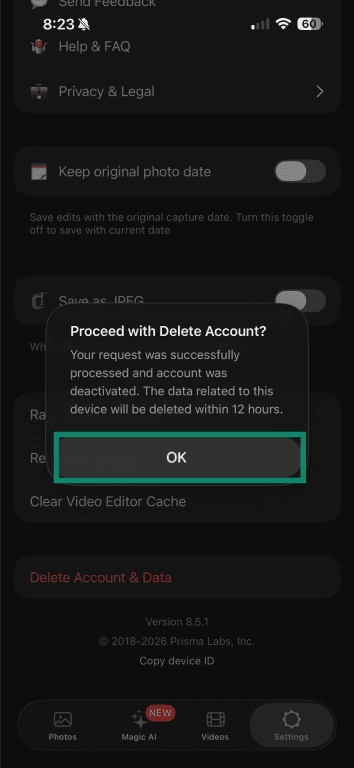 Lensa account deletion success message with