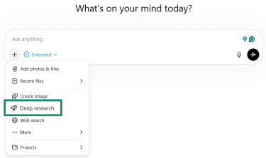 ChatGPT tools menu with Deep research highlighted.
