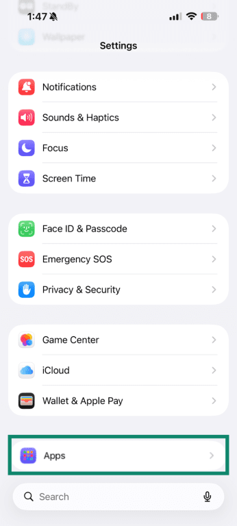 iPhone Settings screen showing the Apps section.