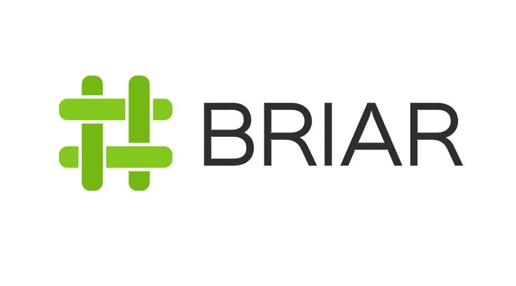 Briar messenger logo. A green hashtag icon next to the word 'BRIAR' in dark gray capital letters.