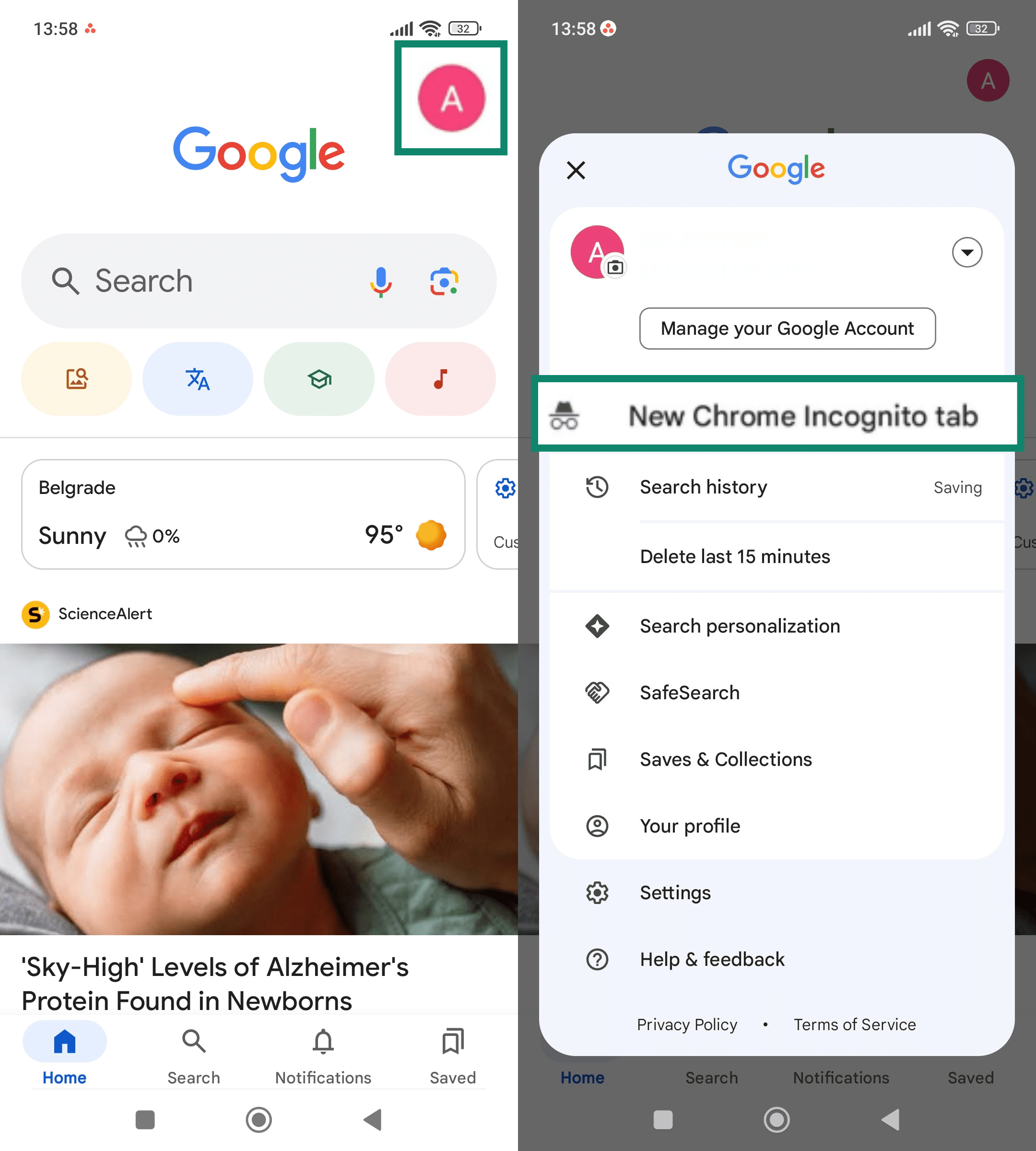 Two side-by-side screenshots of the Chrome app on Android. The left screenshot highlights the user’s profile icon in the bottom-right corner. The right screenshot shows the menu with “New Chrome Incognito Tab” highlighted.