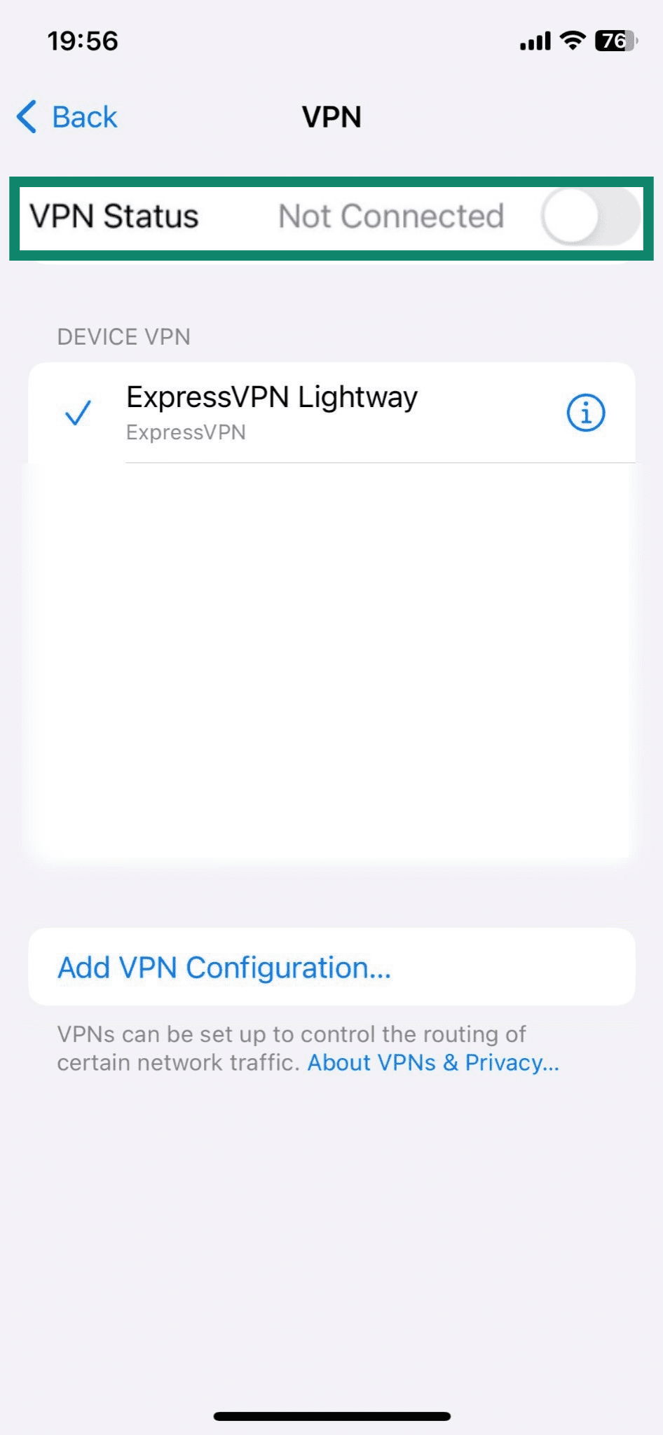 Screenshot of the iPhone VPN menu, with the 