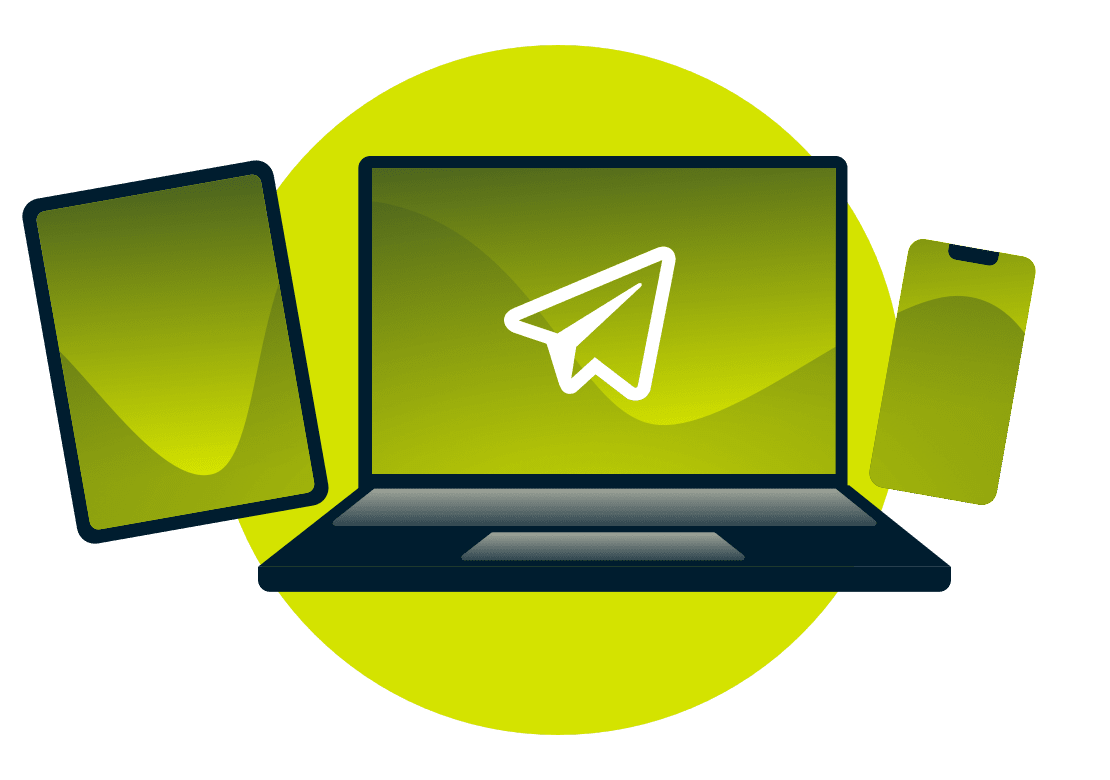 Il logo di Telegram su un portatile, un telefono e un tablet.