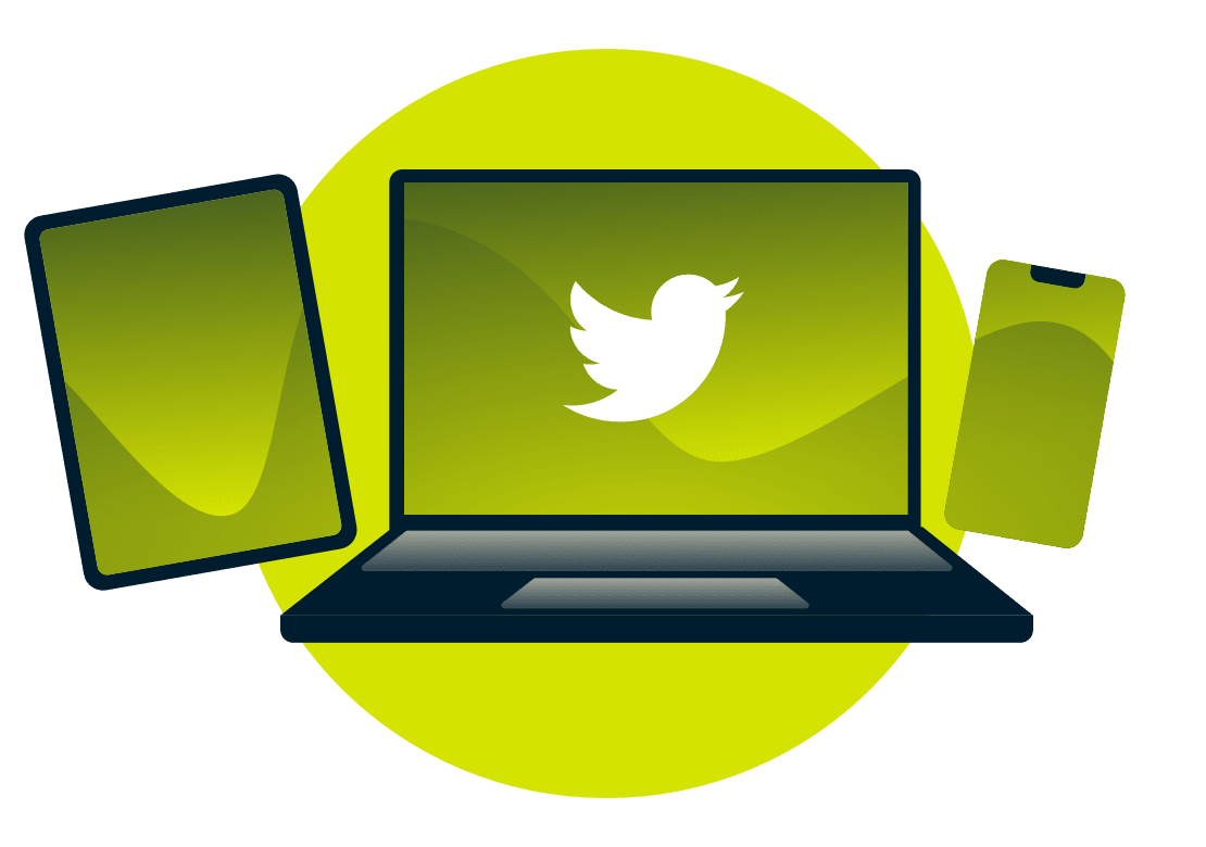 En b&aelig;rbar computer, tablet og telefon med Twitter-logoet.