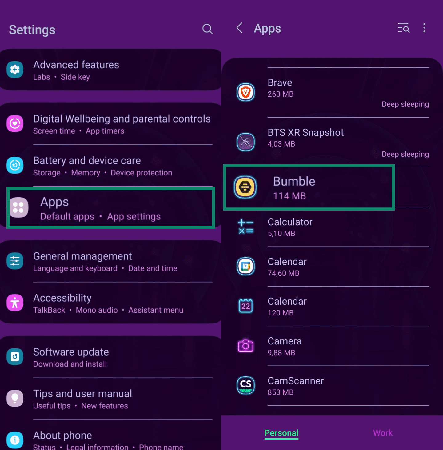 Android Settings screen with the