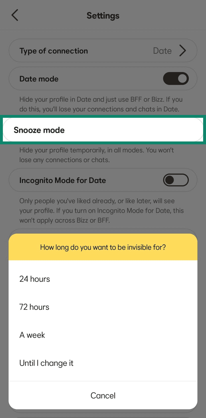 Bumble Settings screen with Snooze mode selected and a menu asking how long to be invisible for: 24 hours, 72 hours, a week, or until changed.