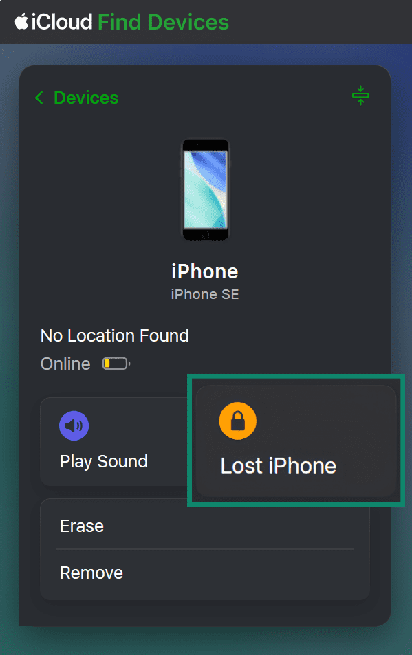 iCloud Find Devices, highlighting the Lost iPhone button.