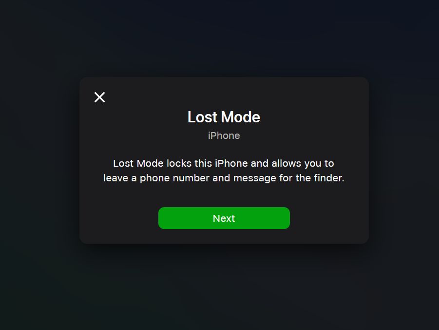 Apple Lost Mode, highlighting the Next button.