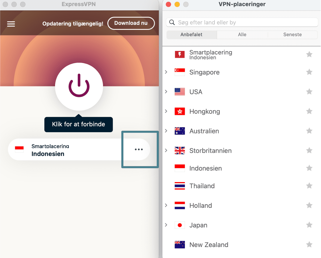 ExpressVPN-appen med knappen med de tre prikker forstørret og en liste over servere