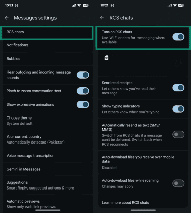 Enabling RCS messaging on an Android phone through Message settings.