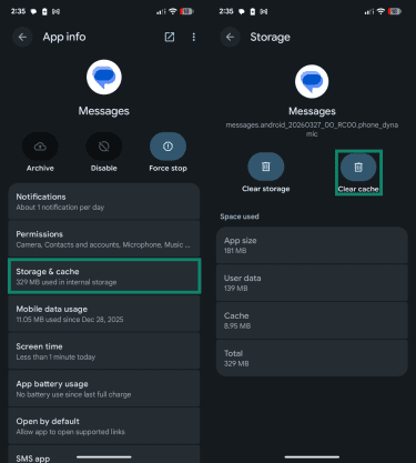 How to clear the cache of the Messages app on Google Pixel.
