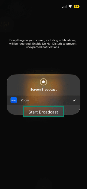 Start Broadcast confirmation button on a Zoom meeting share screen.