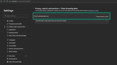 Clear browsing data now option in Edge.
