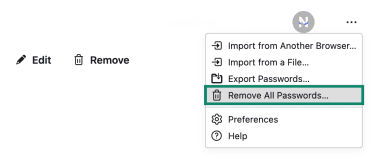 The Firefox Password Manager home screen, with the Remove All Passwords option in focus.
