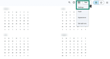 Settings menu shown on Google Calendar