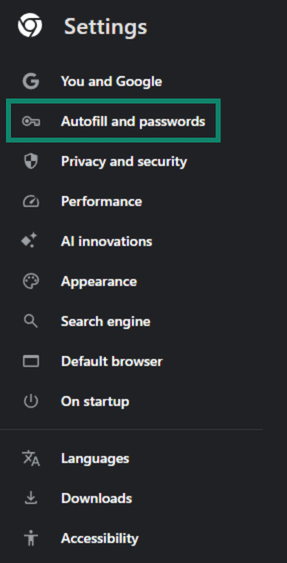 Screenshot showing the Autofill and passwords option highlighted in Google Chrome's settings.