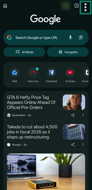 Screenshot showing the three-dot button highlighted at the top-right of Google Chrome for Android.